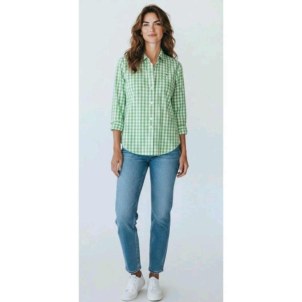 Vineyard Vines Women SZ 2 Green White Gingham Button Down Shirt Preppy 100% CTN